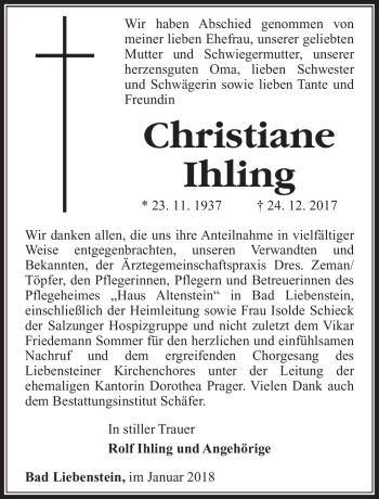 Traueranzeige von Christiane Ihling von Südthüringer Presse