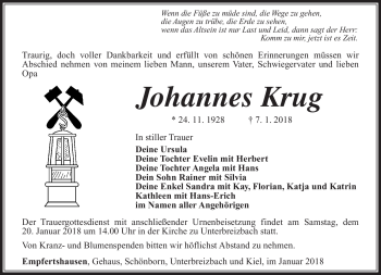 Traueranzeige von Johannes Krug von Südthüringer Presse