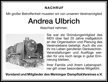 Traueranzeige von Andrea Ulbrich von Südthüringer Presse