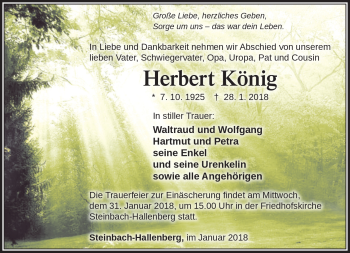 Traueranzeige von Herbert König von Südthüringer Presse