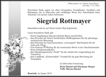 Traueranzeige von Siegrid Rottmayer von Südthüringer Presse