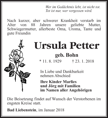 Traueranzeige von Ursula Petter von Südthüringer Presse