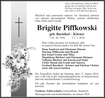 Traueranzeige von Brigitte Piffkowski von Südthüringer Presse