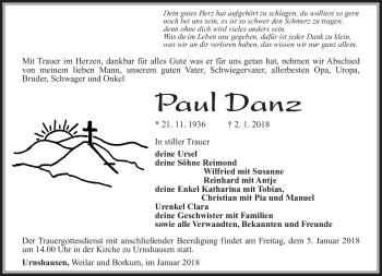 Traueranzeige von Paul Danz von Südthüringer Presse