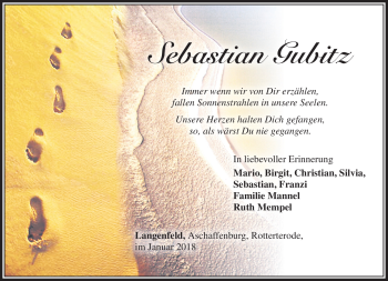 Traueranzeige von Sebastian Gubitz von Südthüringer Presse