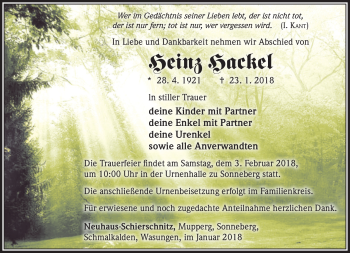 Traueranzeige von Heinz Heckel von Südthüringer Presse