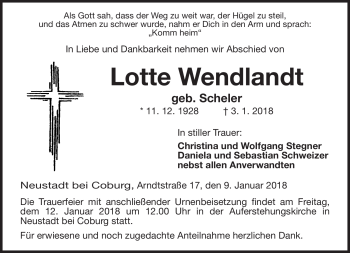 Traueranzeige von Lotte Wendlandt von Neue Presse Coburg