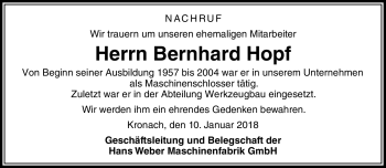 Traueranzeige von Bernhard Hopf von Neue Presse Coburg