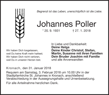 Traueranzeige von Johannes Poller von Neue Presse Coburg