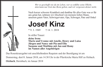 Traueranzeige von Josef Kinz von Südthüringer Presse