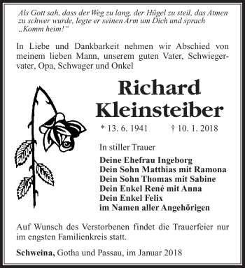 Traueranzeige von Richard Kleinsteiber von Südthüringer Presse