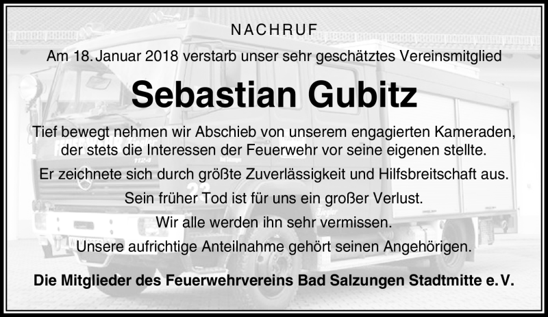  Traueranzeige für Sebastian Gubitz vom 24.01.2018 aus Südthüringer Presse