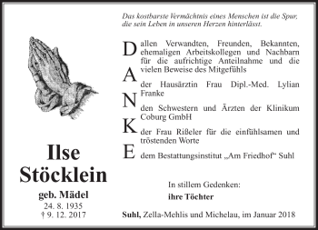 Traueranzeige von Ilse Stöcklein von Südthüringer Presse