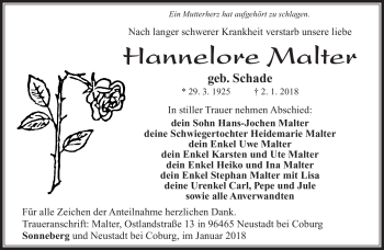 Traueranzeige von Hannelore Malter von Südthüringer Presse