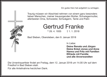 Traueranzeige von Gertrud Franke von Frankenpost