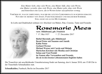 Traueranzeige von Rosemarie Mees von Südthüringer Presse
