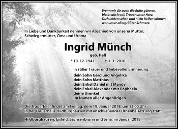 Traueranzeige von Ingrid Münch von Südthüringer Presse