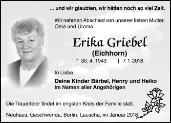 Traueranzeige von Erika Griebel von Südthüringer Presse