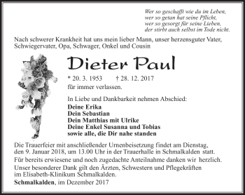 Traueranzeige von Paul Dieter von Südthüringer Presse