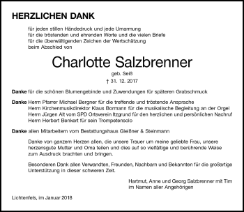Traueranzeige von Charlotte Salzbrenner von Neue Presse Coburg