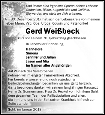 Traueranzeige von Gerd Weißbeck von Südthüringer Presse