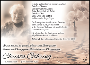 Traueranzeige von Christa Göhring von Südthüringer Presse