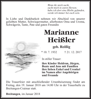 Traueranzeige von Marianne Heißler von Südthüringer Presse