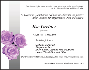 Traueranzeige von Ilse Greiner von Südthüringer Presse