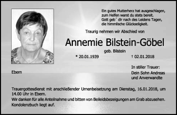Traueranzeige von Annemie Bilstein-Göbel von Neue Presse Coburg