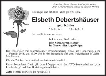Traueranzeige von Elsbeth Debershäuser von Südthüringer Presse