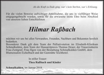 Traueranzeige von Hilmar Raßbach von Südthüringer Presse