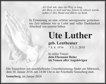 Traueranzeige von Ute Luther von Südthüringer Presse