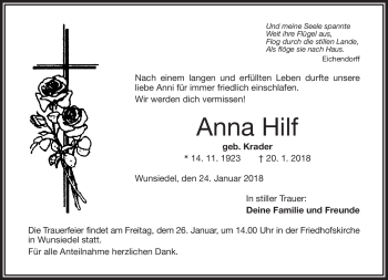Traueranzeige von Anna Hilf von Frankenpost