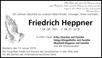 Traueranzeige von Friedrich Heppner von Neue Presse Coburg