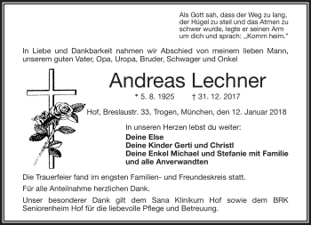 Traueranzeige von Andreas Lechner von Frankenpost