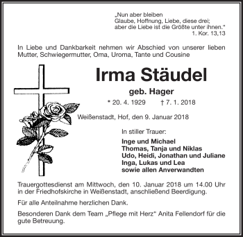 Traueranzeige von Irma Stäudel von Frankenpost