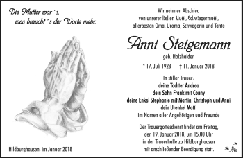 Traueranzeige von Anni Steigemann von Südthüringer Presse