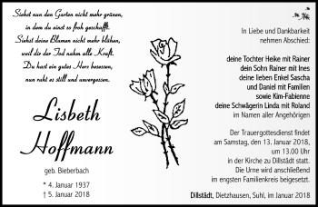 Traueranzeige von Lisbeth Hoffmann von Südthüringer Presse