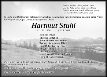 Traueranzeige von Hartmut Stuhl von Südthüringer Presse