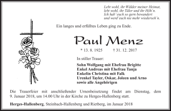 Traueranzeige von Paul Menz von Südthüringer Presse