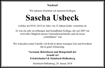 Traueranzeige von Sascha Usbeck von Südthüringer Presse