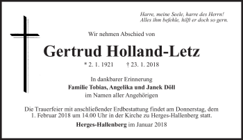 Traueranzeige von Gertrud Holland-Letz von Südthüringer Presse