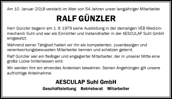 Traueranzeige von Ralf Günzler von Südthüringer Presse