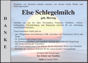 Traueranzeige von Else Schlegelmilch von Südthüringer Presse