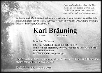 Traueranzeige von Karl Bräuning von Südthüringer Presse