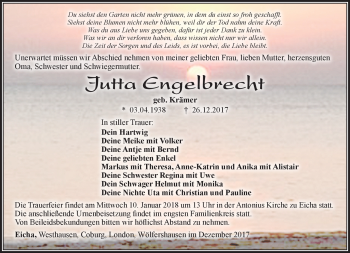 Traueranzeige von Jutta Engelbrecht von Südthüringer Presse