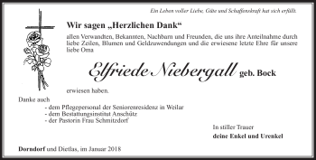 Traueranzeige von Elfriede Niebergall von Südthüringer Presse