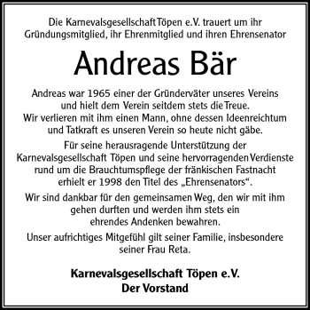 Traueranzeige von Andreas Bär von Frankenpost