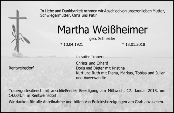 Traueranzeige von Martha Weißheimer von Neue Presse Coburg