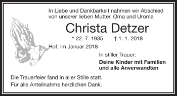 Traueranzeige von Christa Detzer von Frankenpost